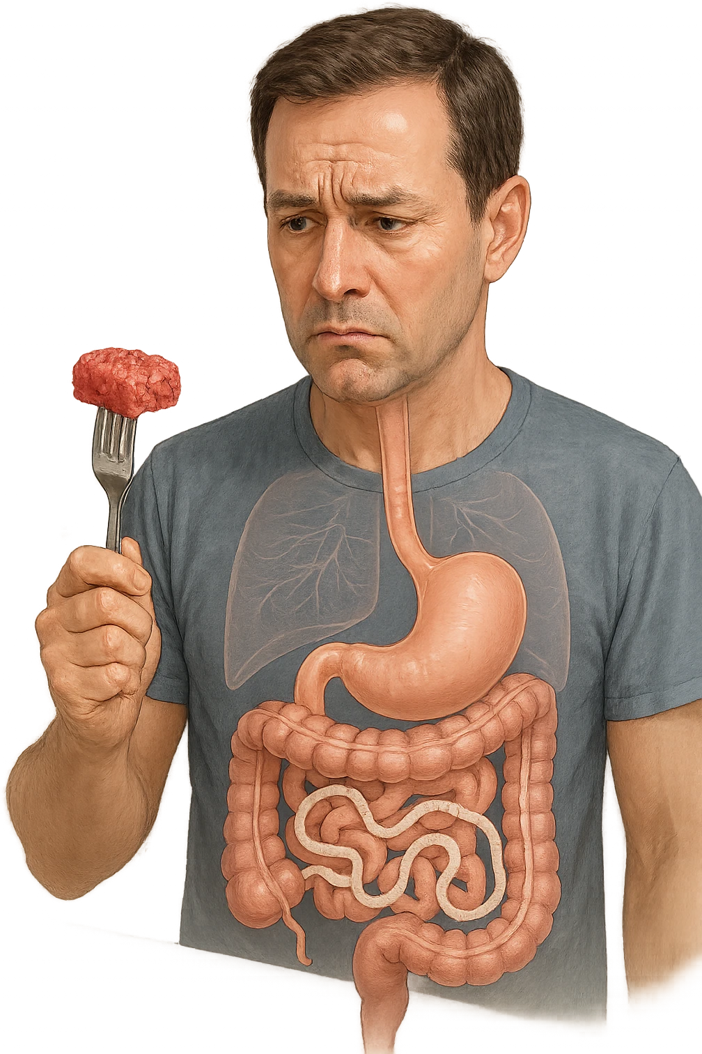 A realistic, high-quality medical illustration showing a concerned man in his early 40s holding a piece of raw beef tartare on a fork, looking at it with a worried expression. Behind him, a transparent overlay of his digestive system reveals the presence of Taenia saginata (beef tapeworm), depicted as a long, segmented white worm inside his intestines, symbolizing the infection. The environment is a kitchen with bright but neutral lighting, creating a serious educational tone. Subtle anatomical highlights and clean medical graphics convey the concept of parasite transmission through undercooked beef, emphasizing food safety and health awareness. emoji