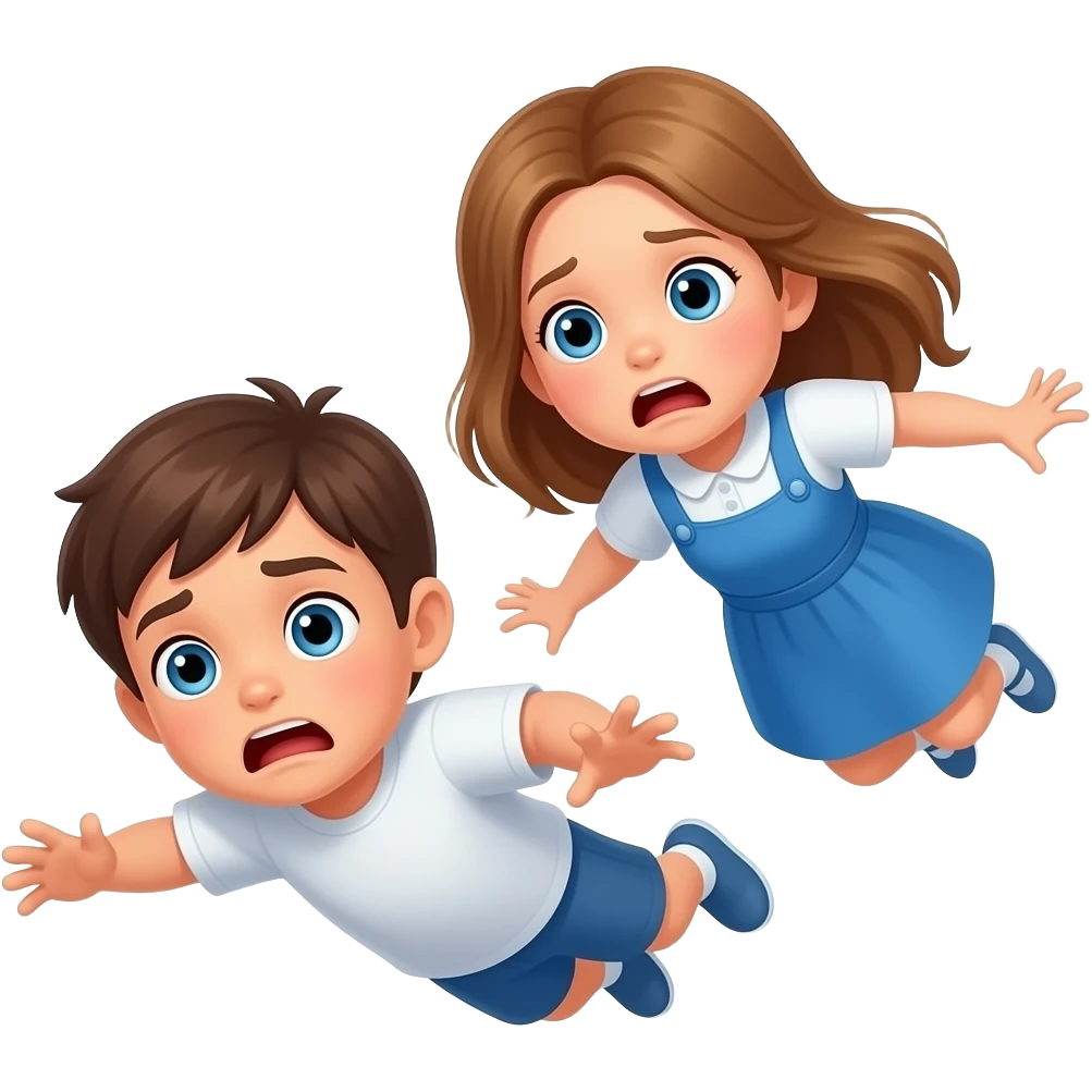 chico y chica caiendo del cielo asustados, el chico castanyo i con pelo corto y la chica pelo suelto y un poco rubia pero castaño y los dos tienen ojos azules son hermanos la chica con la ropa blanca i  vestido azul emoji