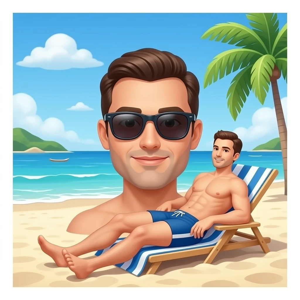 Erstelle ein Bild von einem karibischen Strand wo sich ein Mann in speedo und Sonnenbrille sonnt emoji