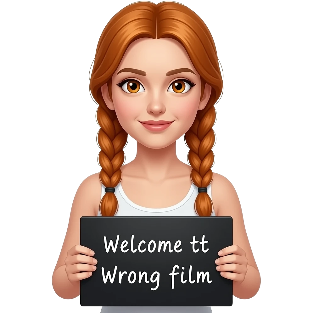 sexy girl with long ginger braids and ginger eyes wearing a white tanktop is holding a black sign with Herzlich WILLKOMMEN im falschen FILM written on it emoji