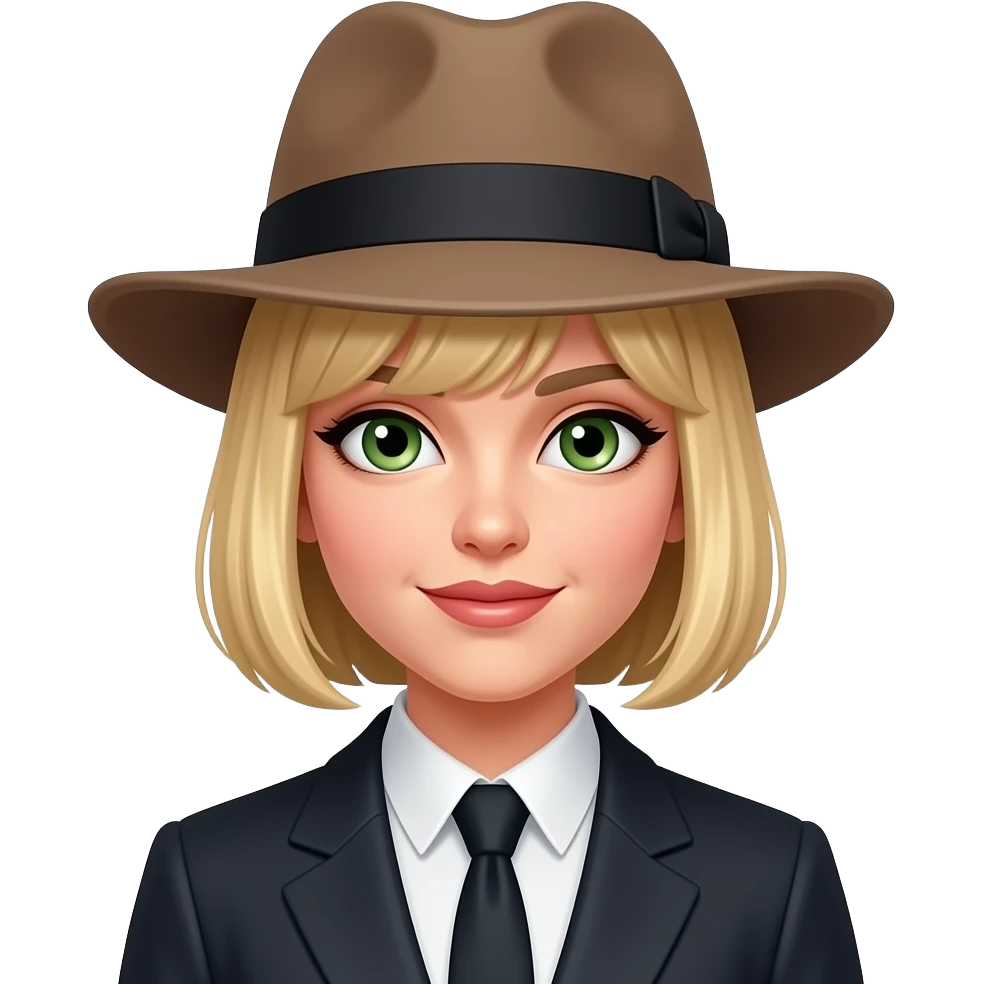 Hat tip more sophisticated female blond bangs not in man clothes green-hazel eyes emoji