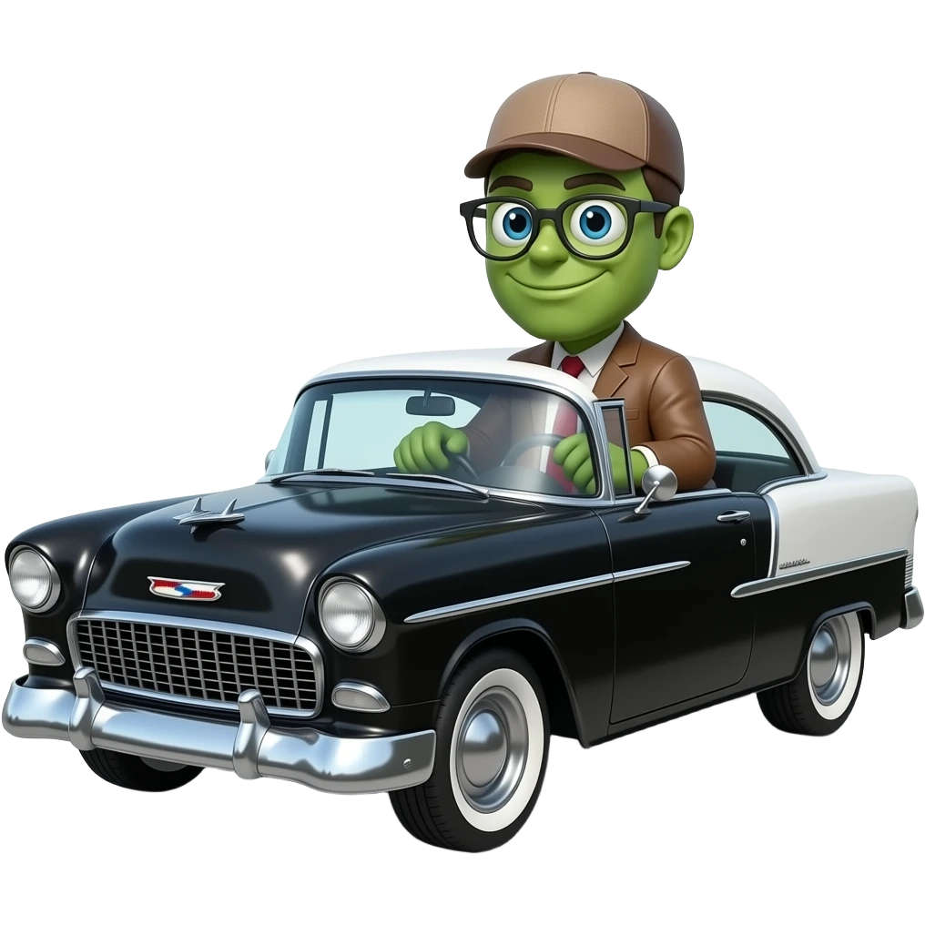 monster with flatcap and glasses driving black 1955 chevy 3/4 view emoji