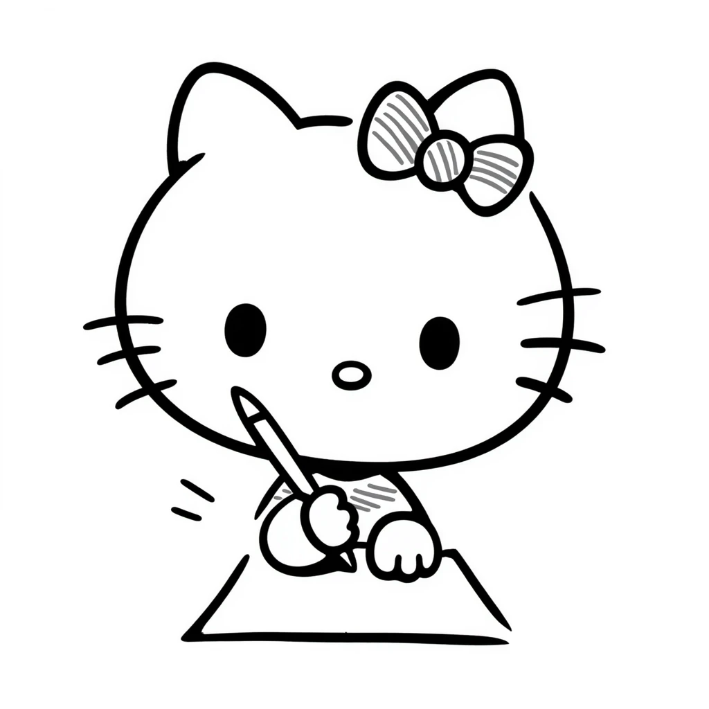 Hello Kitty holding a pen and writing on paper, kawaii style emoji