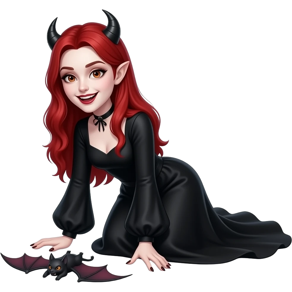 Vampiro femmina adolescente con la pelle bianca e i capelli rossi che indossa un vestito lungo nero e le maniche larghe e guarda il suo pipistrello che si rotola per terra ed è felice emoji