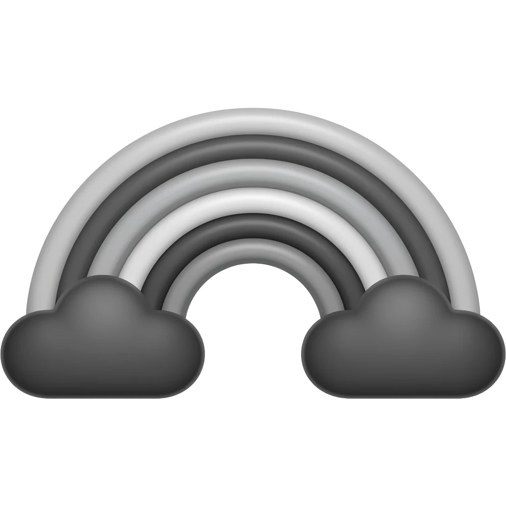 Rainbow emoji but entirely grayscale, with black clouds on both ends of the rainbow emoji