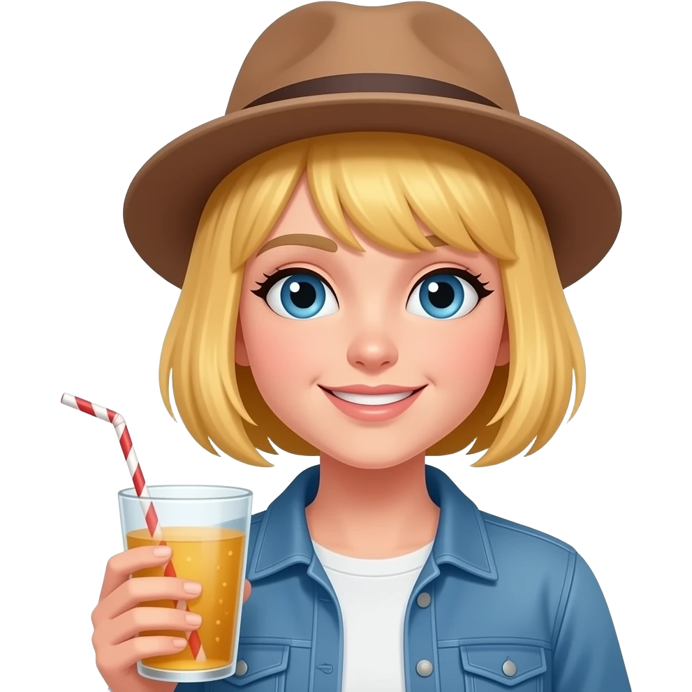 girl with short golden haris wear hat and hold drink emoji