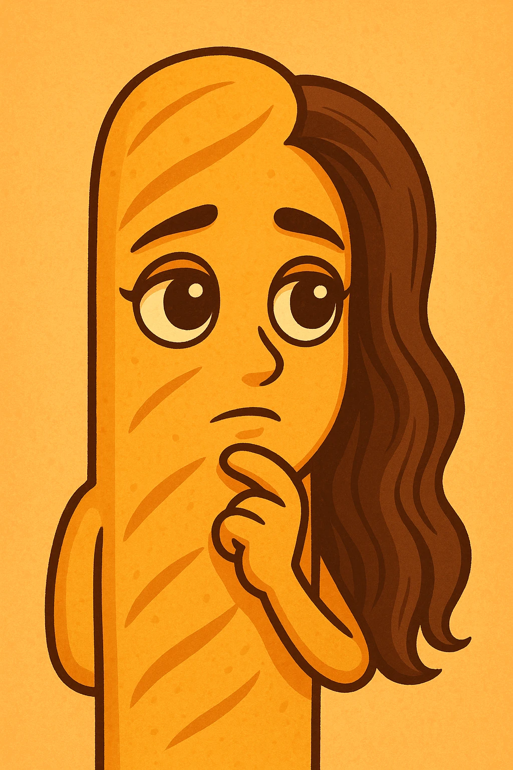 Create a cartoon style emoji in the shape of a breadstick with a thoughtful face, large deep eyes, closed mouth, delicate features, and long stylized hair inspired by the person in the reference photo. Use warm colors and a cartoon style. emoji