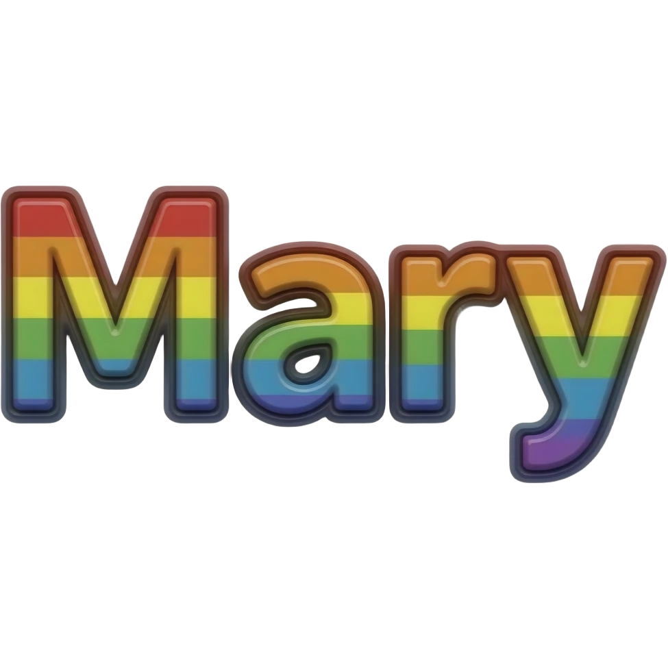 name "Mary" in black typography lettering, each color of the rainbow as a border outlined around each letter, isolated, 3d rendering, no emoji icons no emoji faces and must have no human figures emoji
