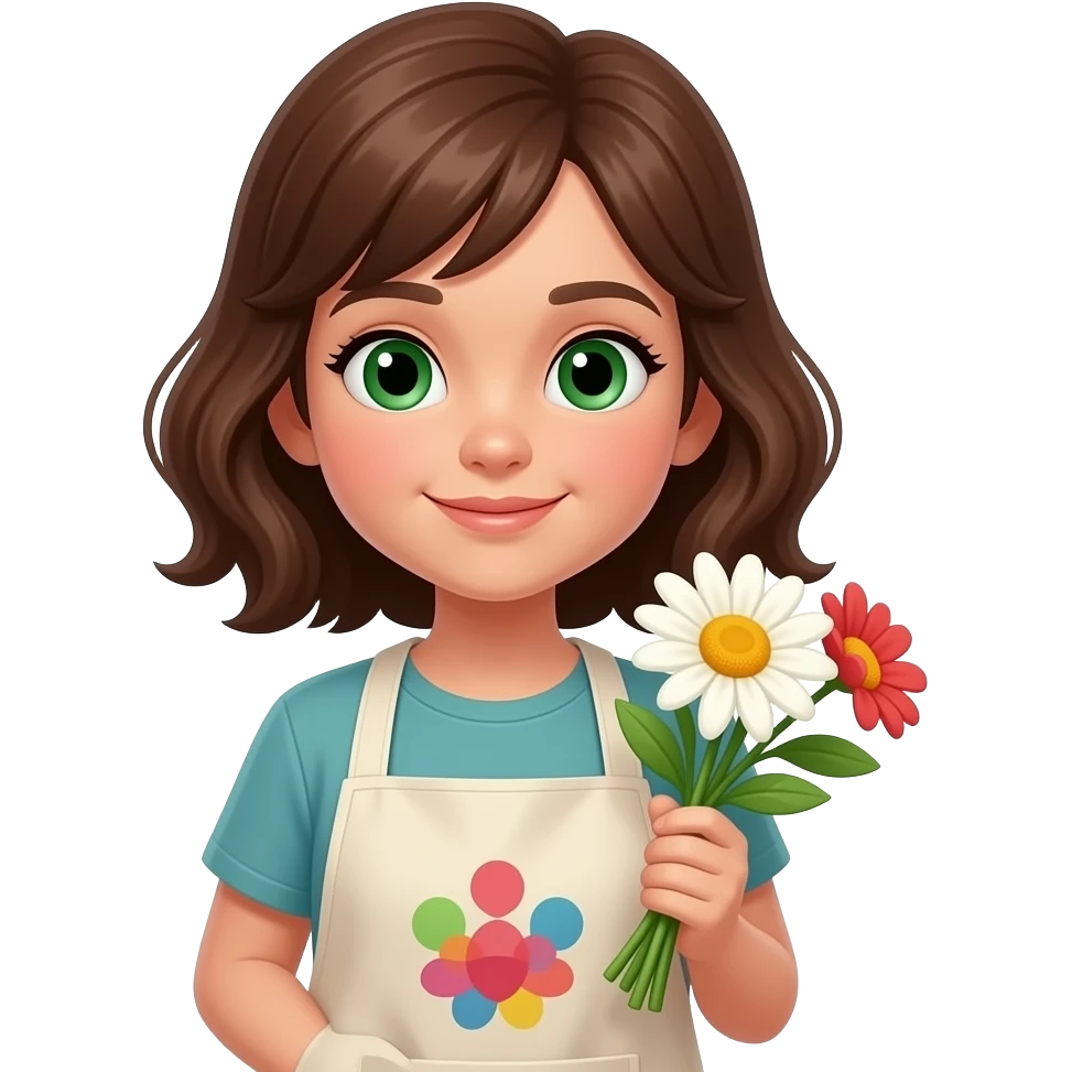 brown hair, light skinned girl with green eyes. flowers in her hands, wearing a art apron emoji