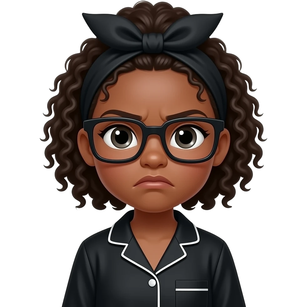 a black girl frowning with a black hair bonnet wearing black square glasses wearing an all black pyjamas emoji