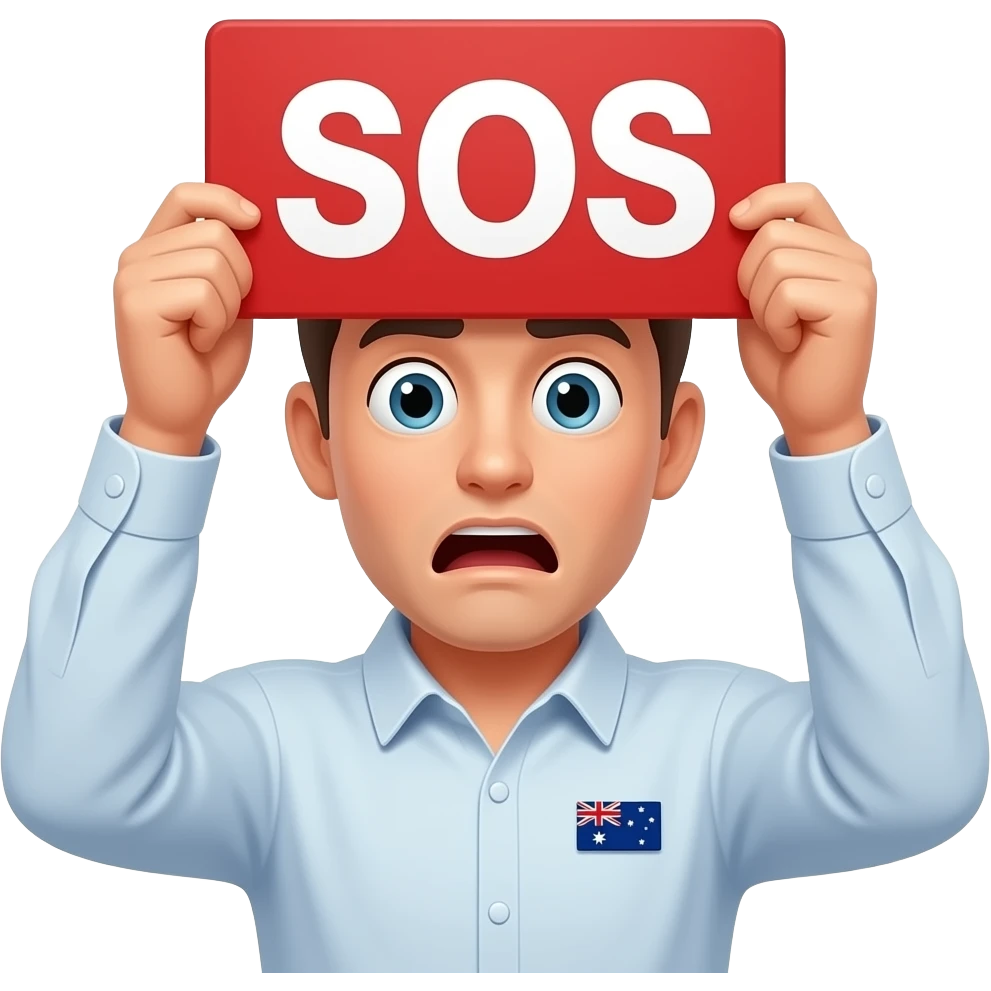 Slack emoji, cartoon style, person wearing a small Australian flag badge on their shirt, looking panicked, holding up a red SOS sign with both hands as a plea for help, white background, simple flat design emoji