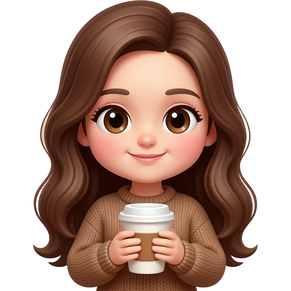 Cute aesthetic girl emoji with long brown hair, warm coffee brown and cream color theme, soft blush cheeks, big sparkling eyes, holding a cute coffee cup, cozy sweater, soft brown background, kawaii cartoon style, emoji sticker design. emoji