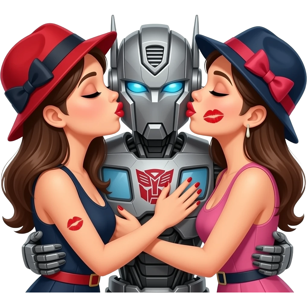 Make multiple women with a hat kisssing the transformer with lipstick and nails and eyeshadows with a bow on her head and hugging the transformer. The transformer now had lipstick marks and the transformer also hugs the woman emoji