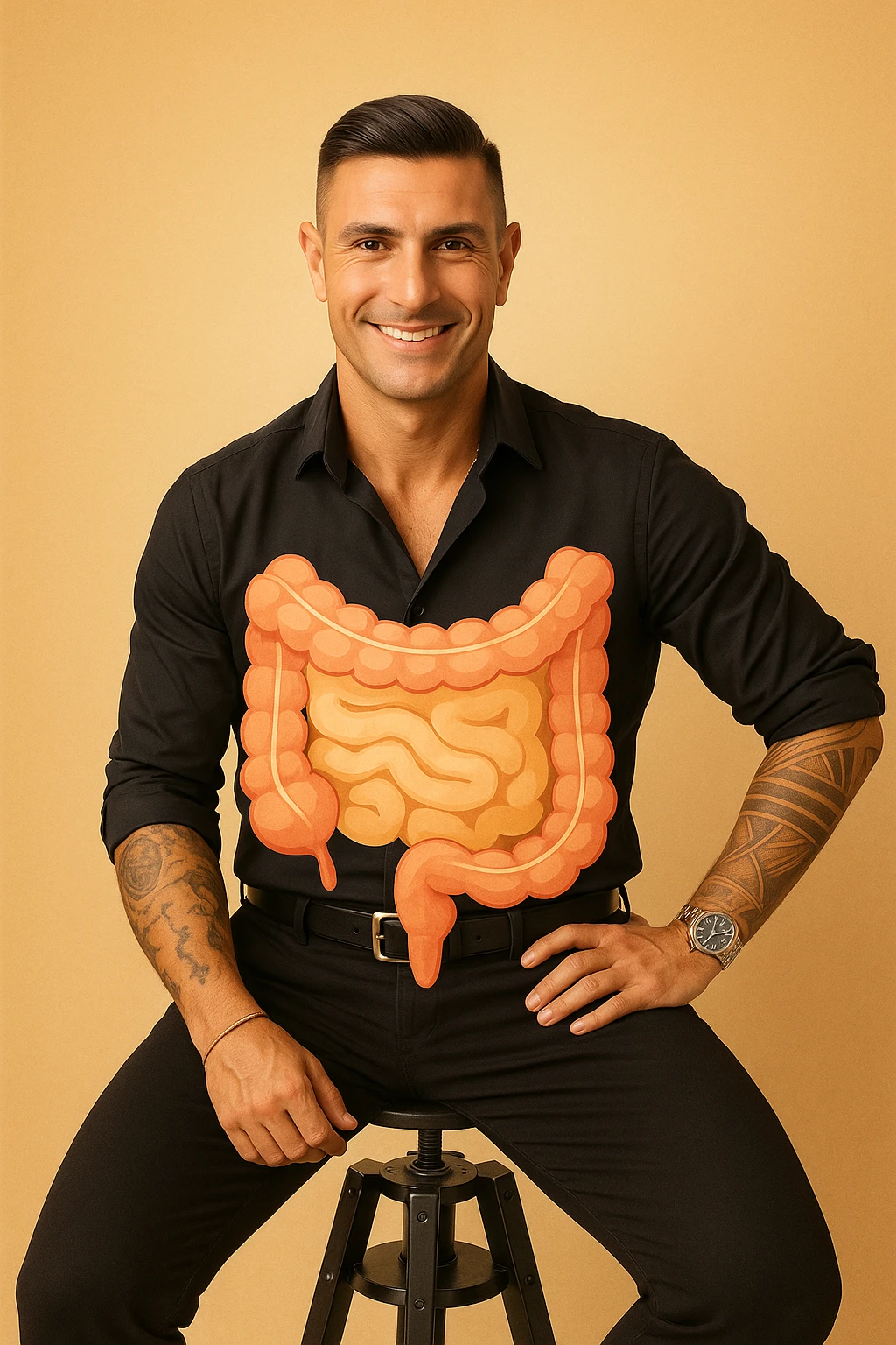 Vertical format: a relaxed and smiling man with a transparent illustration of a healthy and cared-for intestine in the abdominal area, using warm and reassuring colors. emoji