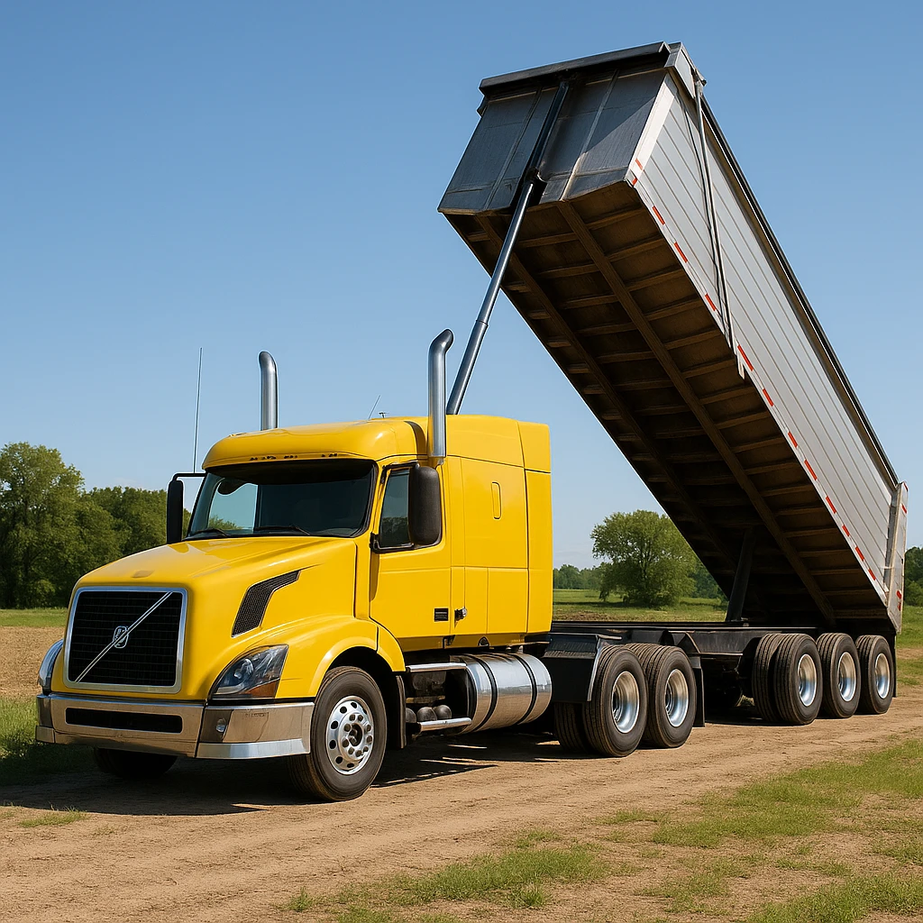 highly photorealistic Volvo yellow semi sleeper truck with a long silver end dump trailer in the raised dump position, parked in a rural country setting with fields and trees, bright daytime lighting, clear sky emoji
