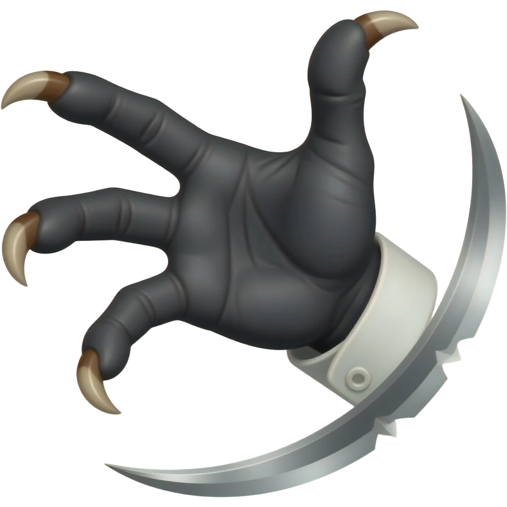 Long dark Demonic hand with sharp claws. The hand should be reaching out violently and to attack and slashing towards the right of the image violently. Shift the perspective to a side profile to show the curvature and length of the claws more clearly. emoji
