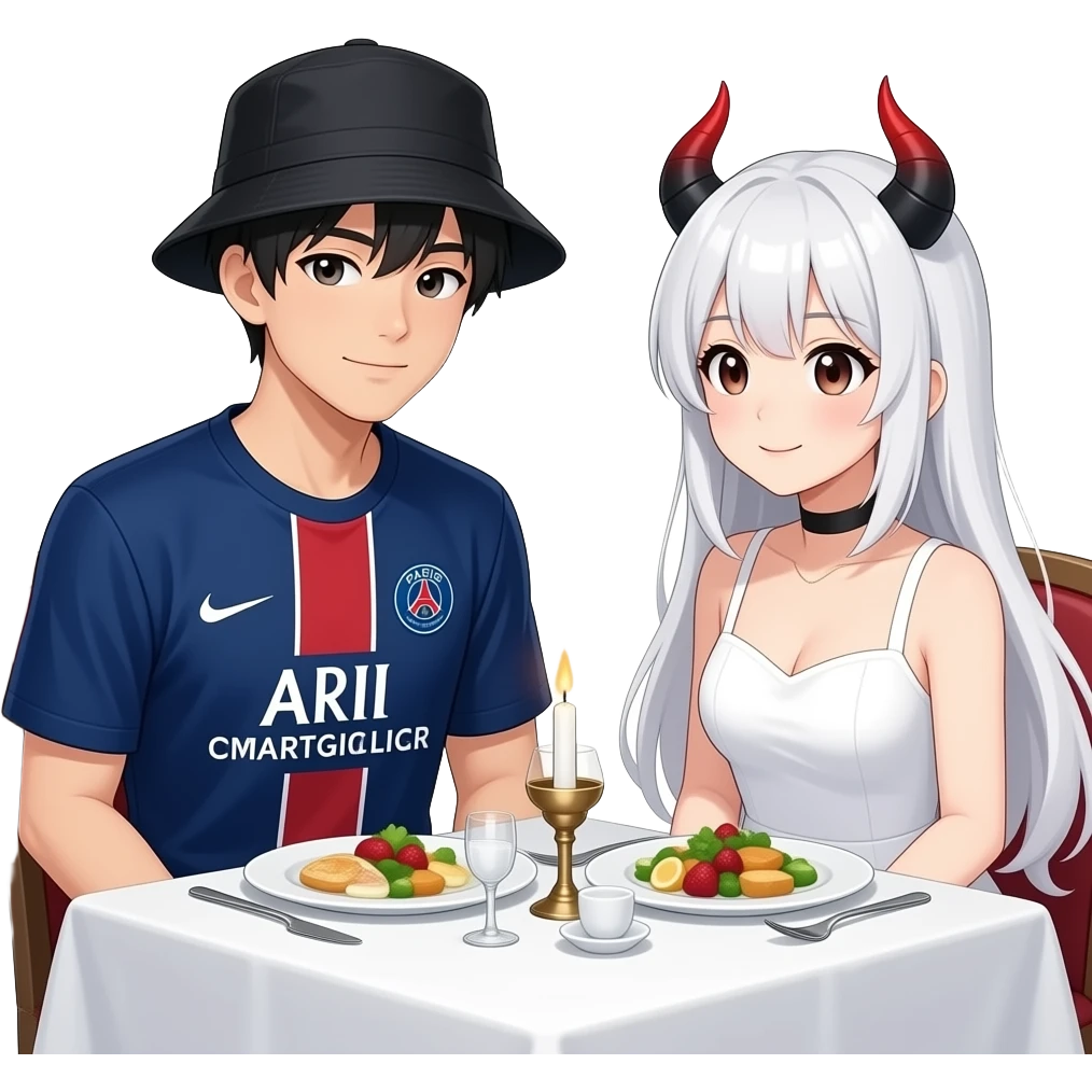 romantic date at a dinner table. The guy is asian an wears a black fishing hat and a dark blue soccer tricot from PSG. The girl is dressed as an anime girl with a white wig, white dress and black-red horns emoji
