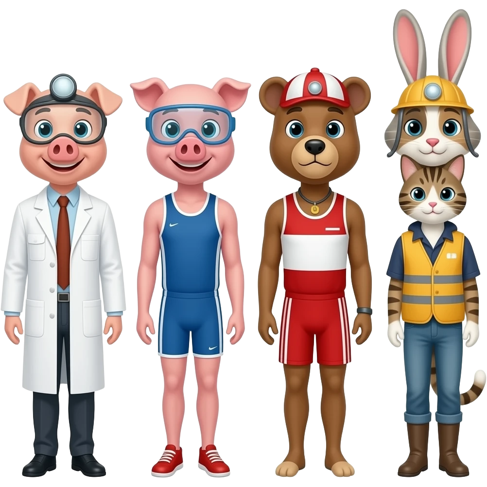 Scientist pig, athlete pig, lifeguard bear, tailor dog, miner rabbit, and shepherd cat emoji