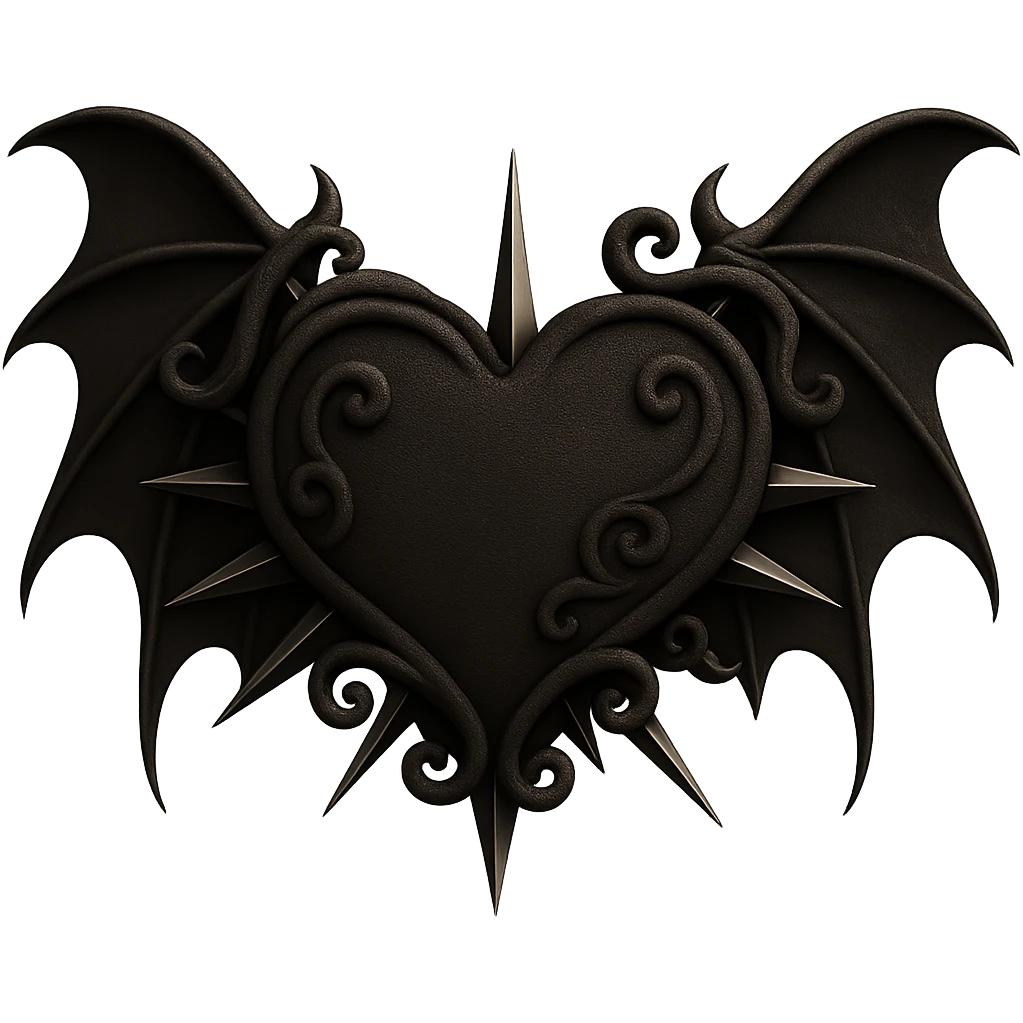 Add gothic bat wings to the black gothic heart with metallic spikes in velvet 3D style, no background. The style is velvet 3D but fallback to general editor as velvet 3D style does not support editing. emoji