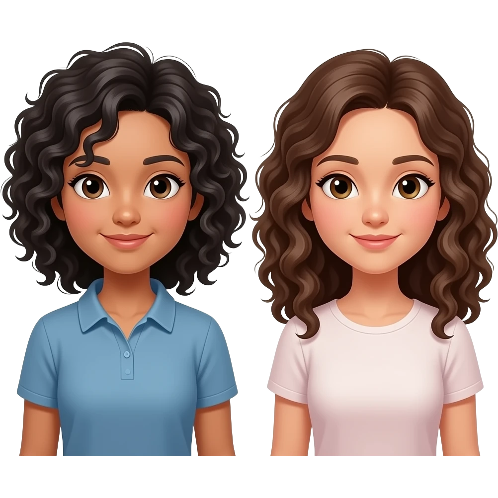Make one girl Asian and one girl with brunette hair have curly hair emoji