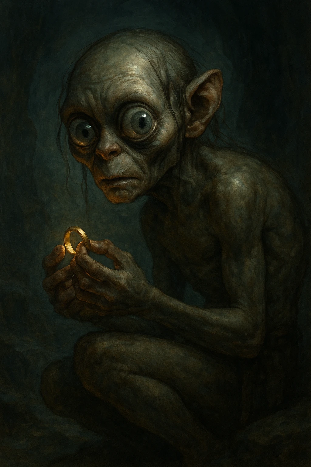 Gollum with large eyes, hunched, holding a ring, stylized fantasy art emoji