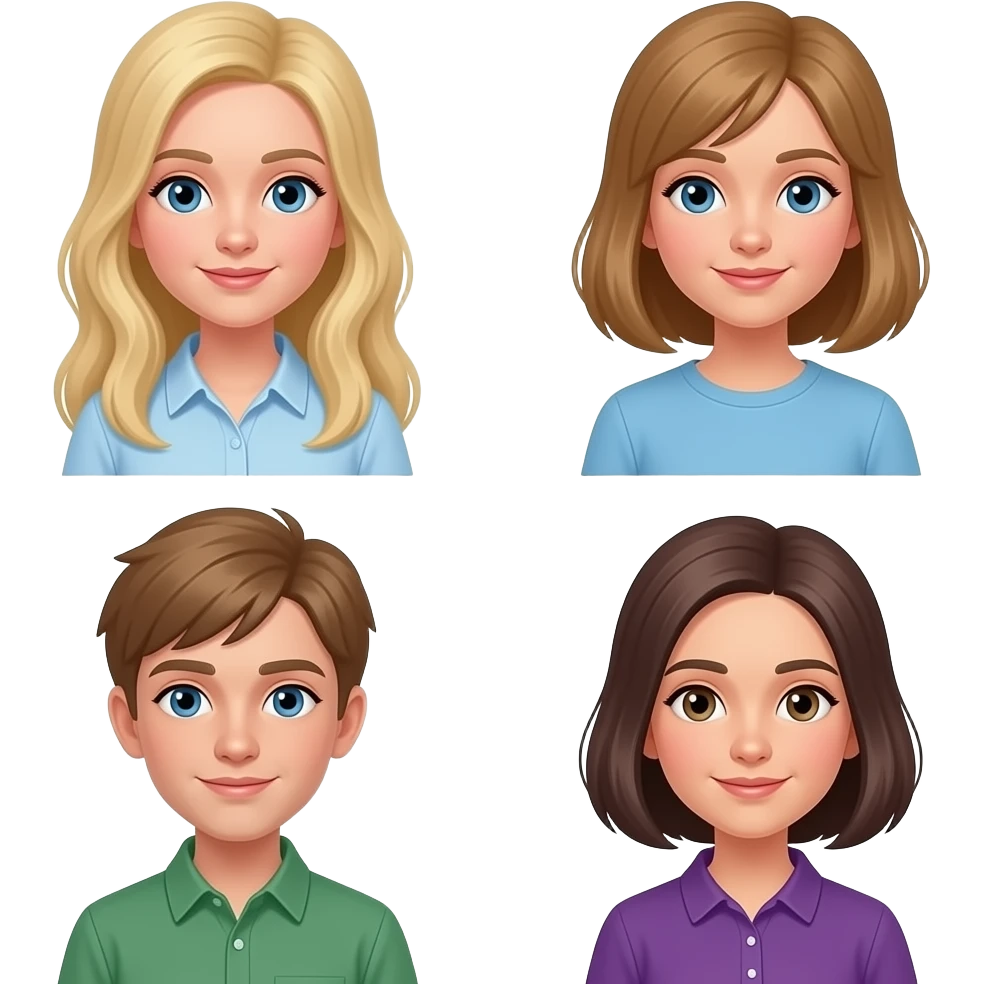 one girl with blonde hair and blue eyes, b one girl with blonde hair and blue eyes and a light blue shirt, one girl with light brown hair and blue eyes, boy with light brown hair and blue eyes and green shirt , one girl with dark brown hair and brown eyes and a purple shirt emoji