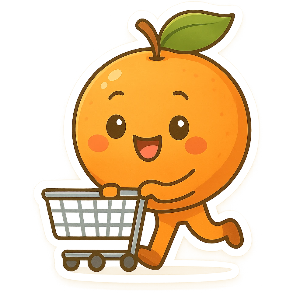 a smiling orange fruit walking with a shopping cart, friendly and bright emoji