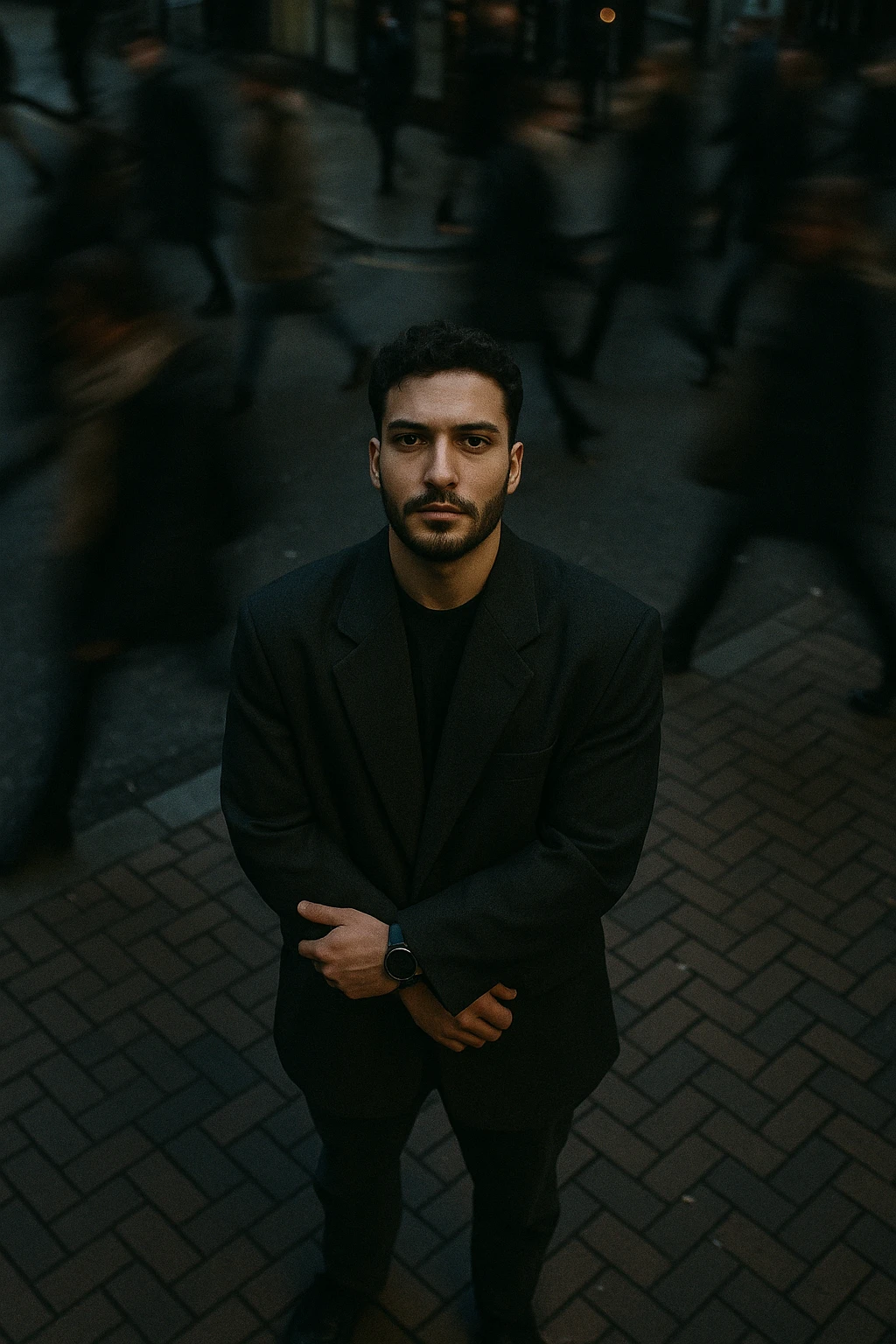 overhead shot of me standing still on a brick city sidewalk, wearing a dark oversized blazer,
motion-blurred crowd rushes past around me. Moody lighting, 35mm film look, shallow depth of field, sharp focus on me. emoji