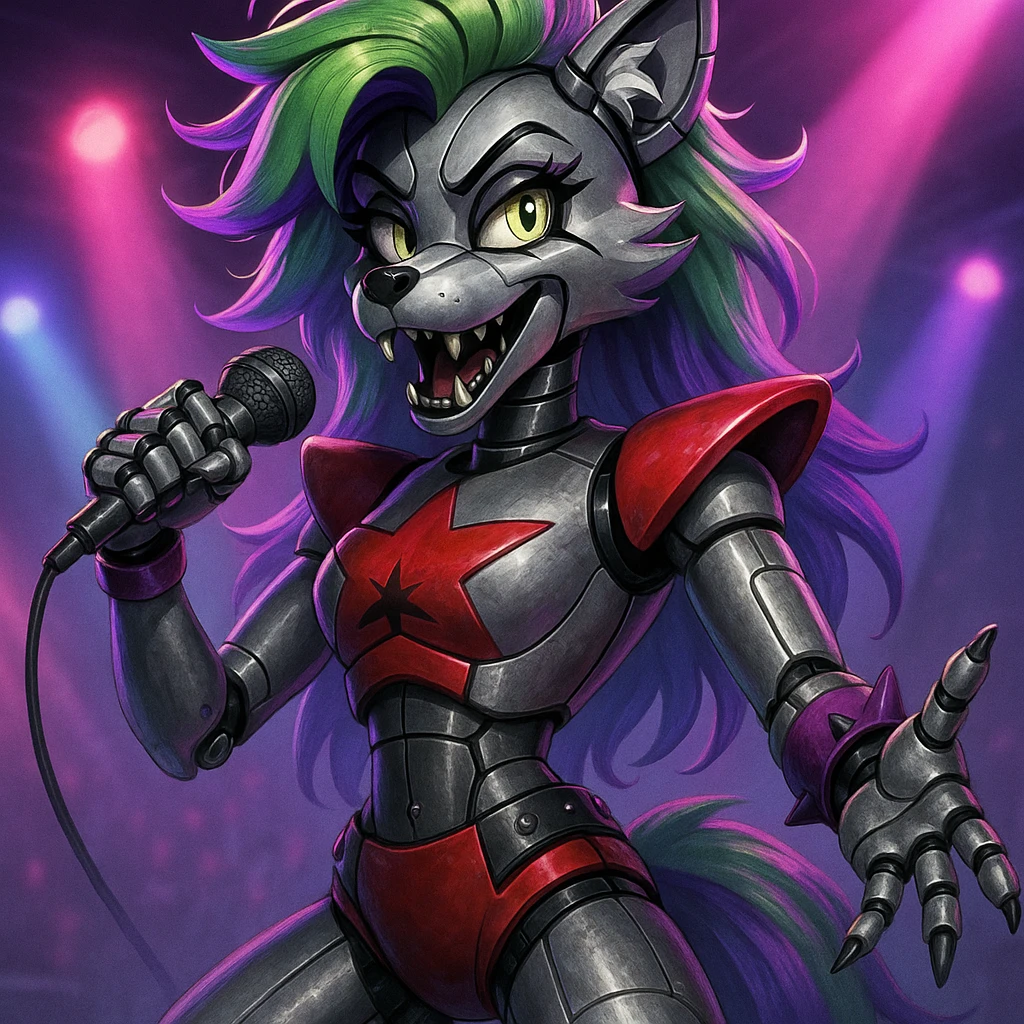 FNAF Security Breach's Roxanne Wolf, depicted as a robotic wolf with a rockstar look, green hair, and purple highlights emoji