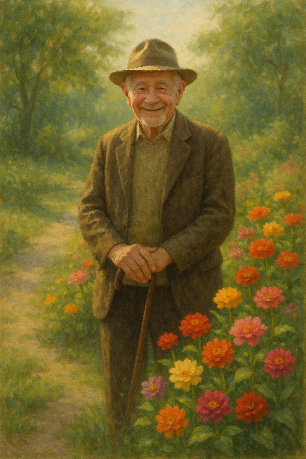 old man with a cane, smiling, wearing a hat, standing near flowers, peaceful atmosphere emoji
