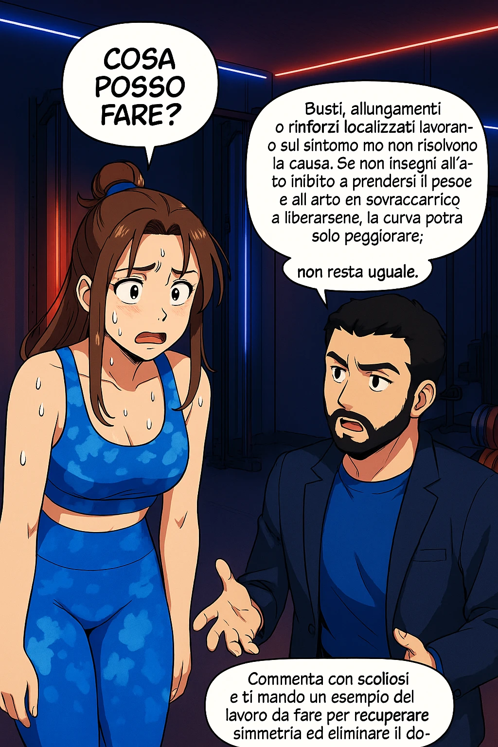 ispirati a questo stile di disegno e fai questa immagine in versione manga/webtoon a colori, il manga mostra la donna preoccupata che chiede: "COSA POSSO FARE?" E L'UOMO CHE RISPONDE: Busti, allungamenti o rinforzi localizzati lavorano sul sintomo ma non risolvono la causa. Se non insegni all’arto inibito a prendersi il peso del corpo e all’arto in sovraccarico a liberarsene, la curva potrà solo peggiorare; non resta uguale. Commenta con scoliosi e ti mando un esempio del lavoro da fare per recuperare simmetria ed eliminare il dolore. emoji