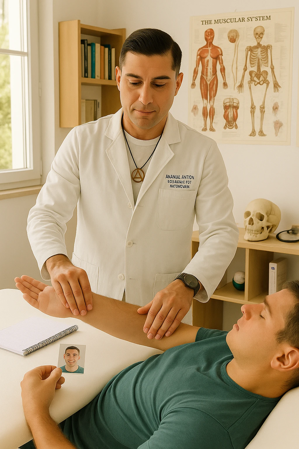 a middle-aged man, dressed in casual professional attire, is in a bright, organized therapy studio. Durante una visita di kinesiologia, il praticante tiene con una mano la foto di una persona lontana (il “testimone”) appoggiata su un tavolo, mentre con l’altra mano esegue un test muscolare su un cliente presente. Sullo sfondo si vedono libri di kinesiologia, poster anatomici e strumenti tipici della disciplina. L’atmosfera è concentrata e serena, con luce naturale che entra dalla finestra, sottolineando l’aspetto alternativo e umano della pratica. emoji