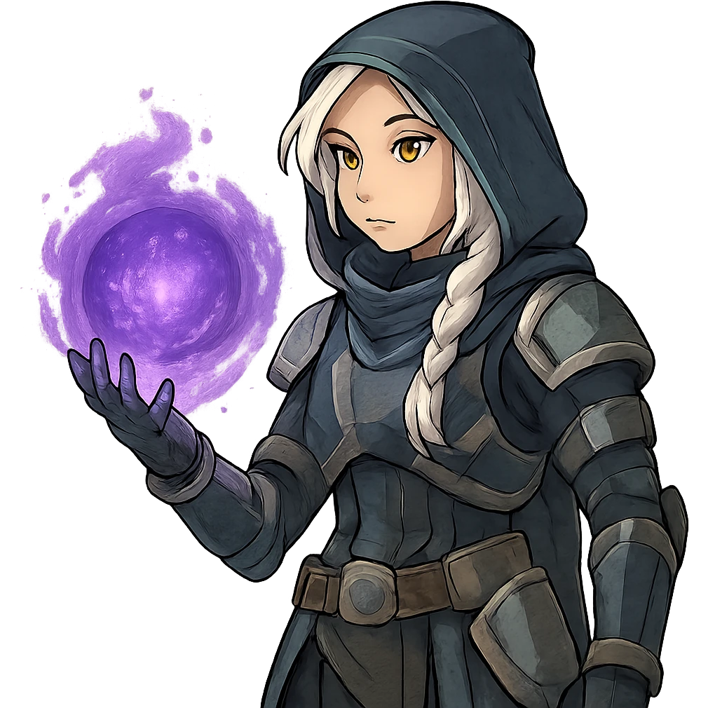 1 female, white hair long braid, gold yellow eyes, no helmet, a novice warlock from Destiny 2 armor, charging a void grenade in her hand emoji