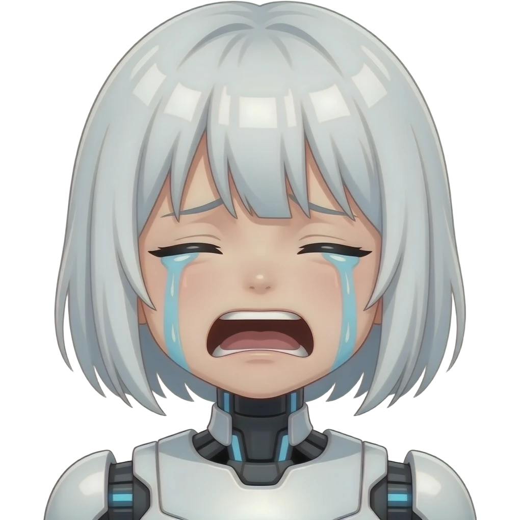sad crying anime two-robot girl with white hair and white eyes crying hard, open mouth, tears flowing heavily, emotional like in a manga emoji