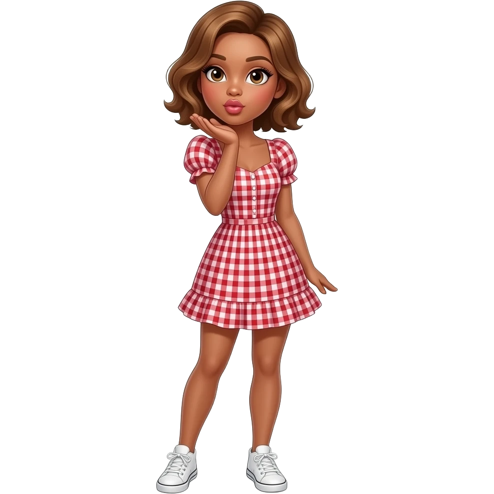 glamours,-tanned,-very-beautiful-girl,-with-big-pump-peach-beige-rose-lips,-long-long-lashes,-honey-silky-very short- hair,-wavy-hair,-hazel-eyes- wearing- red-gingham-frill - dress- white-sneakers-blowing-a-kiss-from-hand-full-body emoji