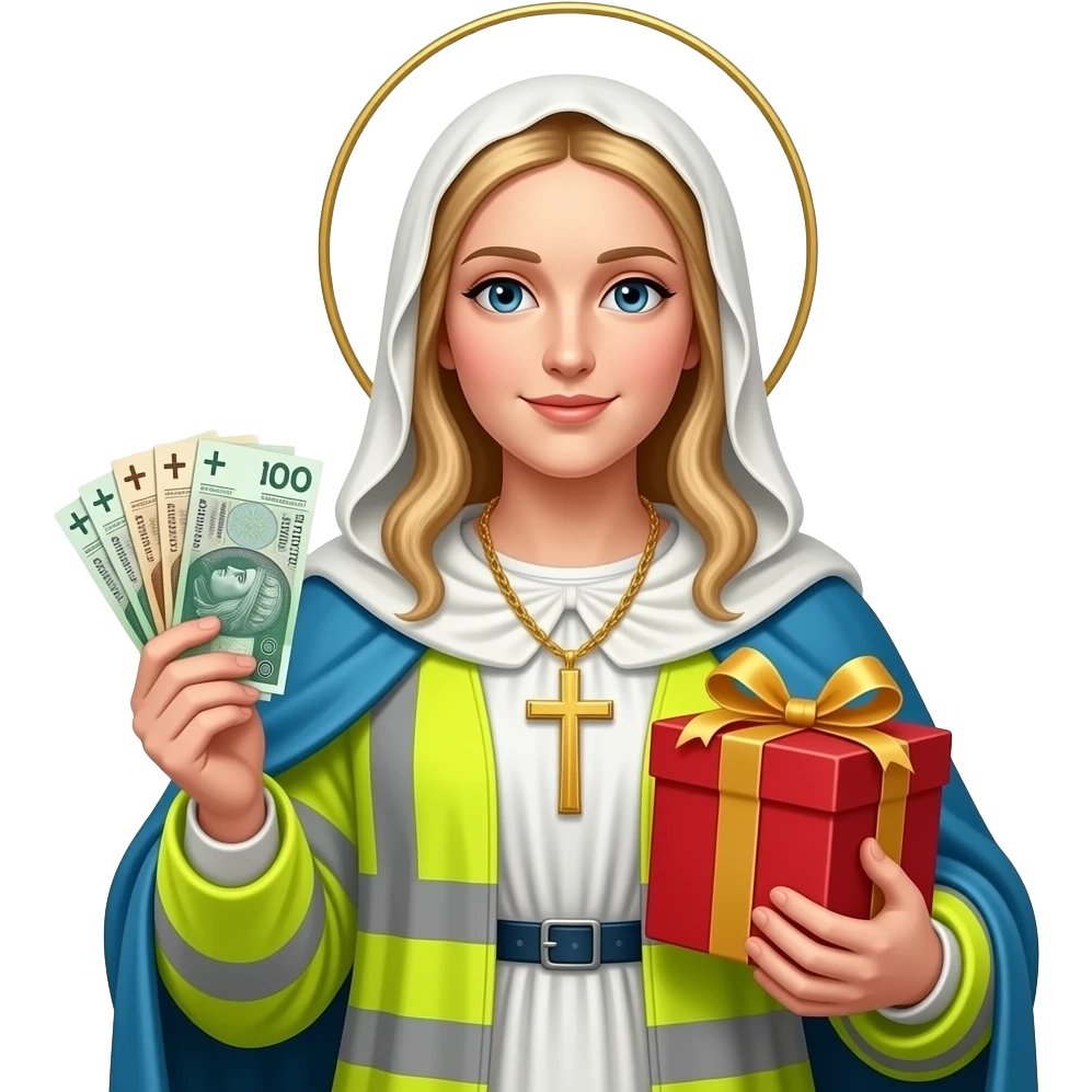 blond virgin marry with gloden cross necklace in neon yellow highviz clothes with a polski złoty bank notes in hand and in left hand a chistmas gift emoji