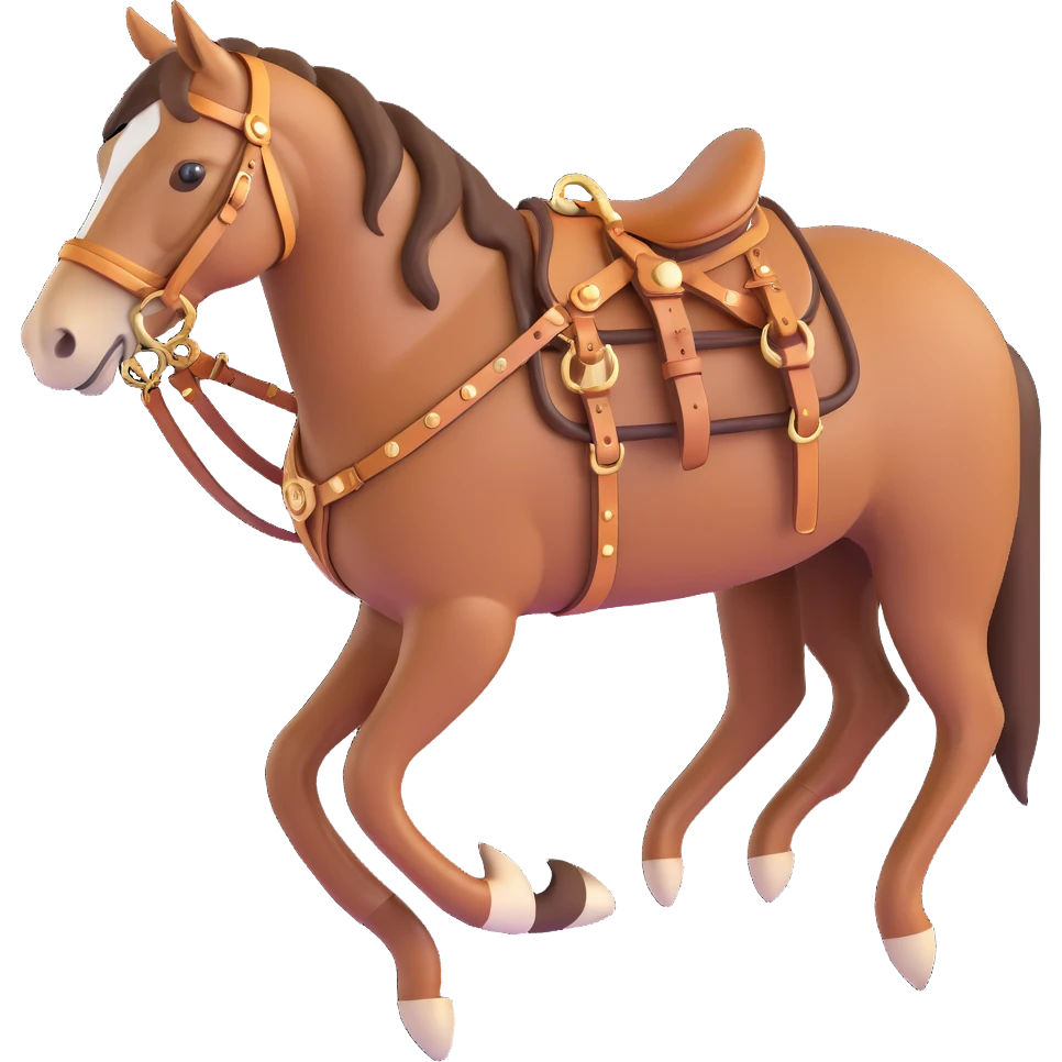 Hermès-style horse harness, detailed leatherwork, gold accents, 3D style emoji