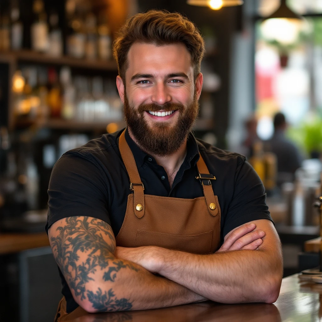 photo d'une barman souriante, tunique "FireShift", professionnelle emoji