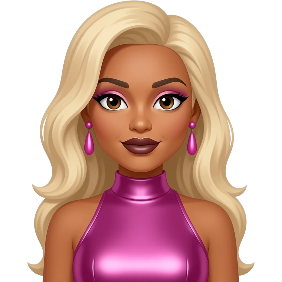 Tionne T-Boz Watkins from TLC with dark brown eyes, long blonde faux hawk hair, pink eyeshadow, dark brown lipstick, pink metallic high neck dress, pink earrings emoji
