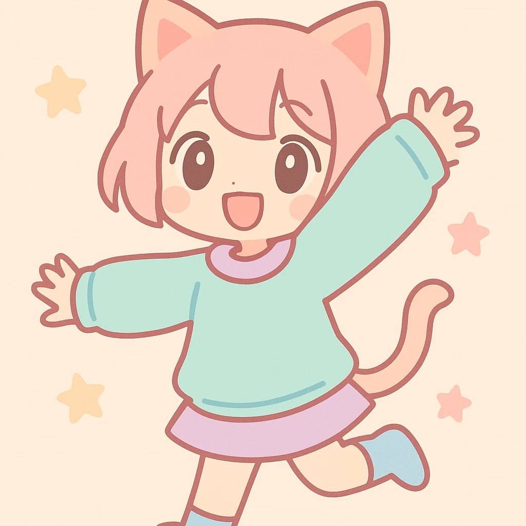 cute anime cat girl, short hair, energetic pose, oversized sweater, bright eyes, playful vibe emoji