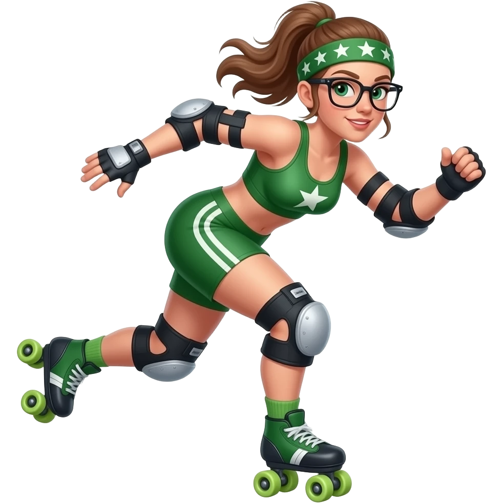 Rollerderby jammer. And in skate style. Like cool and hip (a non binary person without glasses and more in green). And more in action. And with the star on the head. emoji