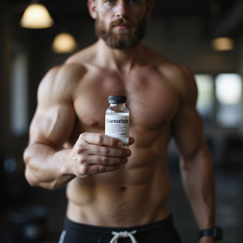 realistic photo of a crossfit athlete holding a vial labeled 'Stanozololo', prominent muscles, natural light, gym background emoji