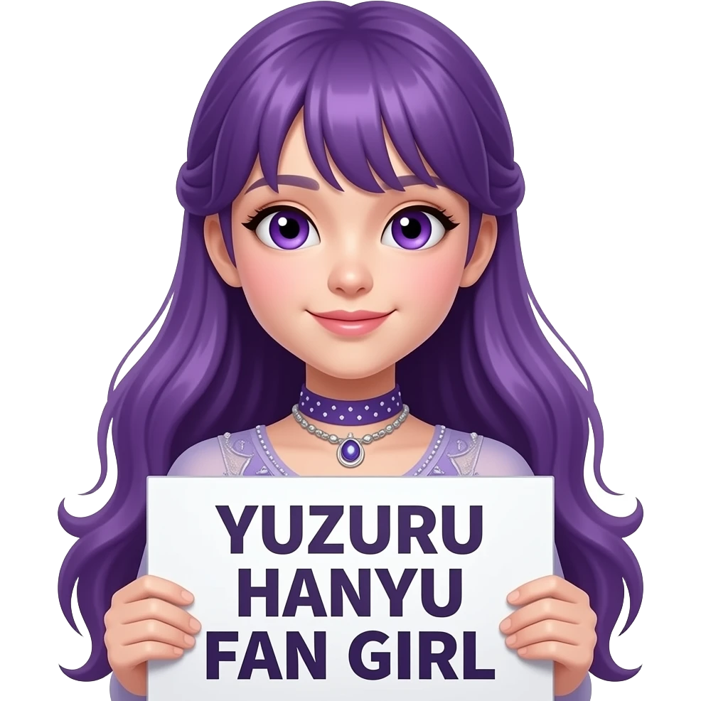 sexy girl with long purple hair and purple eyes holding YUZURU HANYU FAN GIRL sign emoji