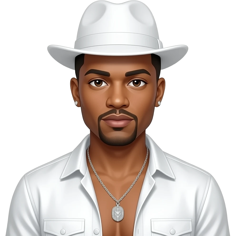 Ralph Tresvant from New Edition with dark brown eyes, short black fade hair, white hat, white metallic open shirt, shirtless with necklace and earrings emoji