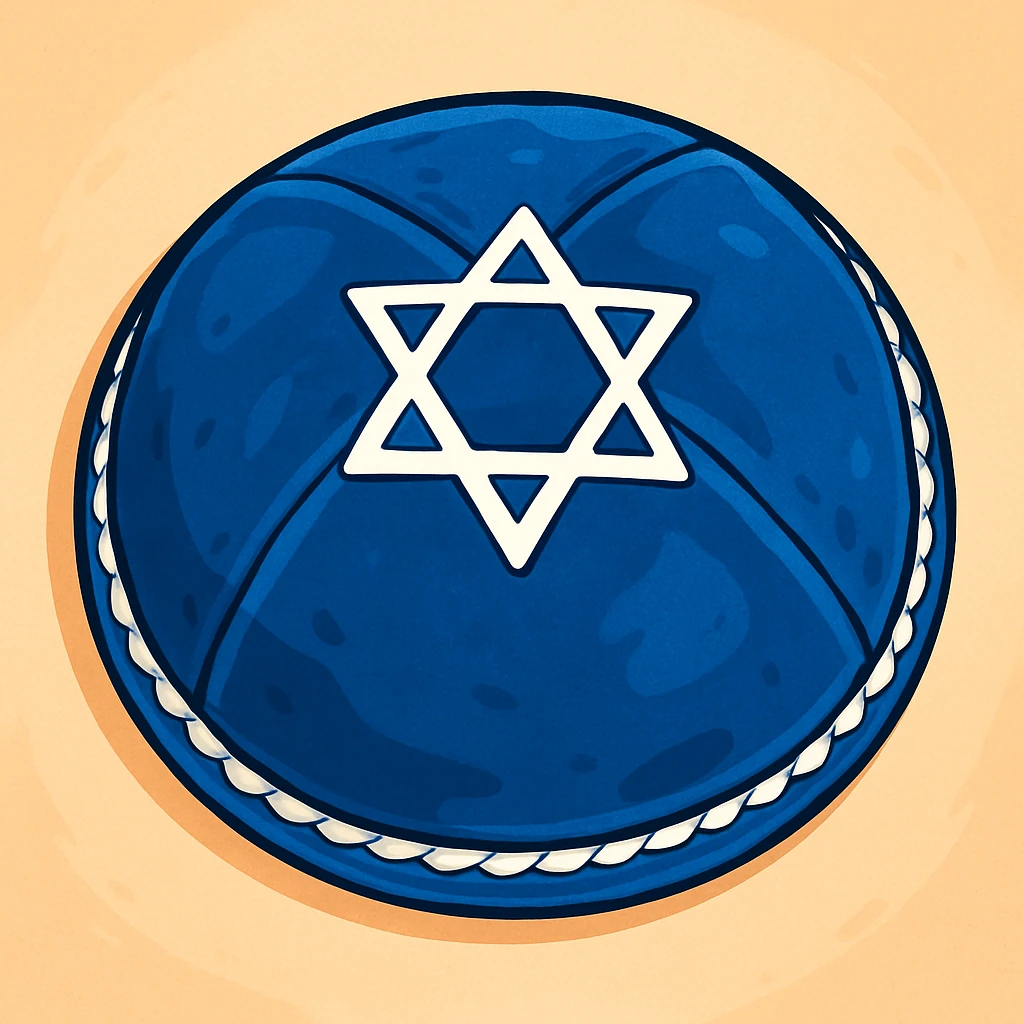 blue velvet Jewish kippah with white embroidery, viewed from above, soft cartoon style emoji