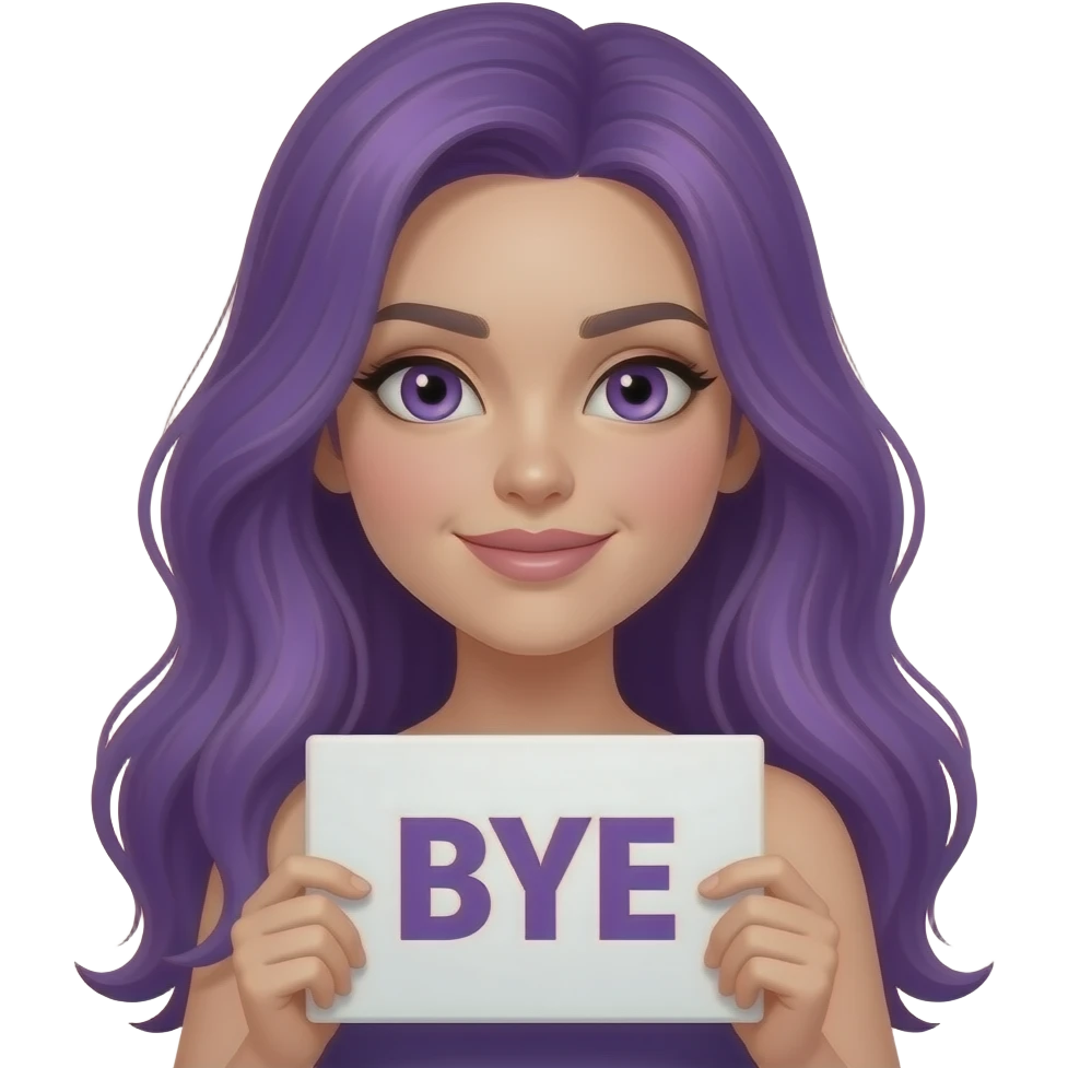 sexy girl with long purple hair and purple eyes holding a BYE sign emoji