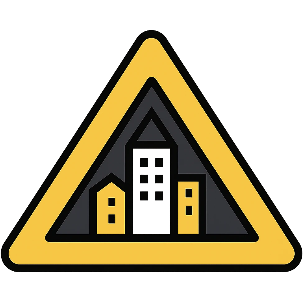 icon of a large yellow triangular arrow with a smaller black triangular arrow centered inside it, containing a stylized cityscape in yellow and white within the inner black triangle emoji