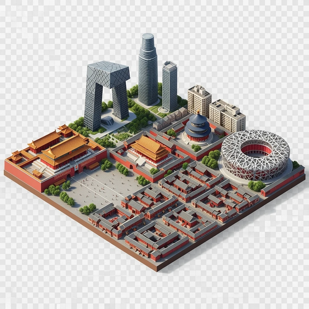 Isometric miniature of Beijing Forbidden City, Tiananmen Square, CCTV Headquarters, Temple of Heaven, Bird’s Nest Stadium and crowded hutong alleys, apartment blocks, 3D miniature effect and Tilt Shift effect, no cartoonish look, transparent background, don't cut angles emoji