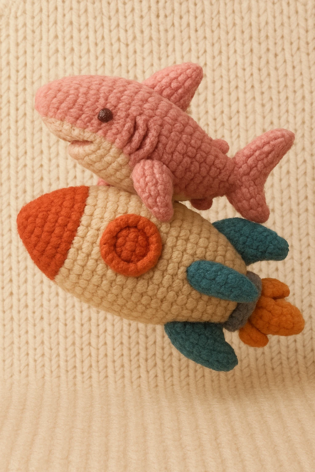 a pink shark on a rocket, whimsical, knitted patch style emoji