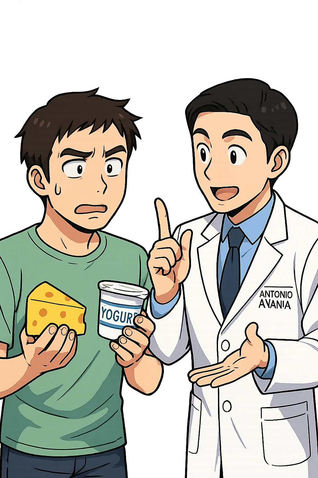 fai un webtoon manga a colori con questo stile, in cui un uomo fa una domanda al kinesiologo con il camice bianco (fagli anche la scritta "ANTONIO ANANIA" SUL CAMICE, l'uomo chiede una cosa mostrando un formaggio e uno yogurt al kinesiologo con il camice, IL KINESIOLOGO annuisce e SPIEGA ALL'UOMO UNA cos. L'UOMO ha un ESPRESSIONE CONFUSA IN VOLTO. non fare i fumetti però, fai solo in modo che sembri stiano parlando emoji